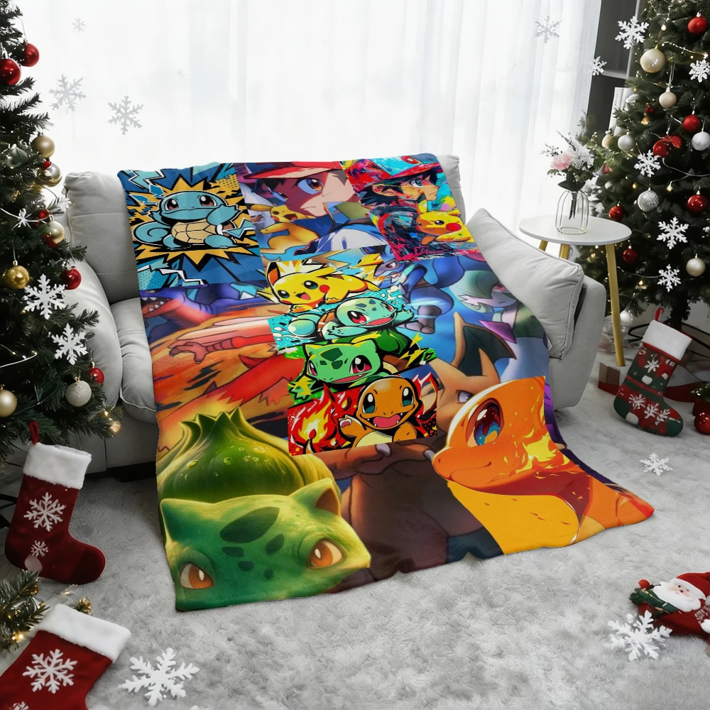 Pokemon Pikachu Gengar Bulbasaur Charmander Squirtle Psyduck Flannel Throw Blanket Soft Warm Blanket for Sofa Bed Home Decor Gif