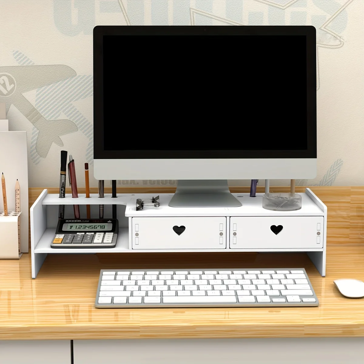 Weißer PVC-Monitorständer mit 2 Schubladen, Desktop-Organizer-Regal mit Stiftschlitz, DIY-Montage Computerständer für Heim- und Büronutzung