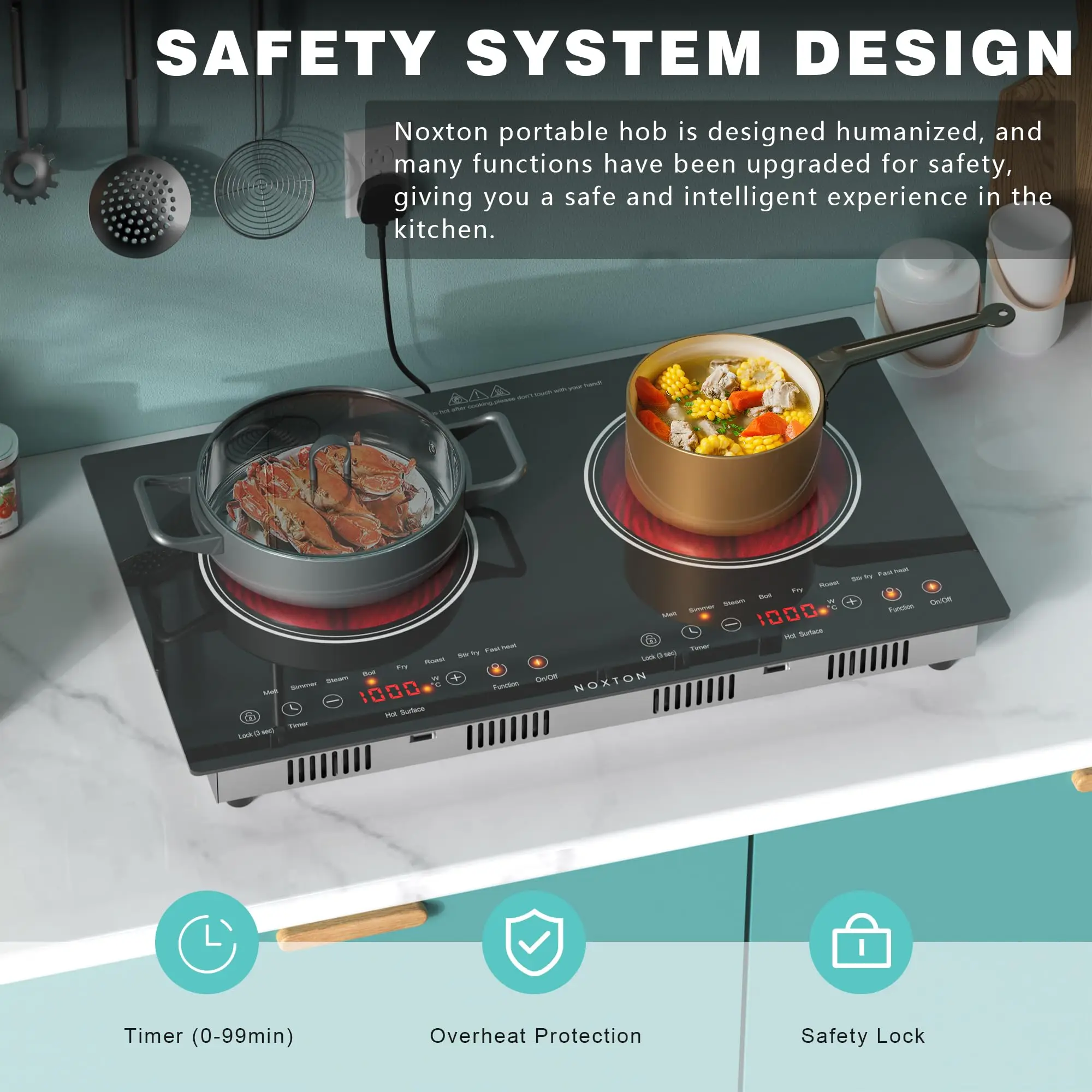 Noxton 2-Brenner-Elektrokochfeld, 61 cm eingebauter und Arbeitsplattenherd, Keramikkochfeld mit zwei Brennern, tragbares 110-V-Steckkochfeld