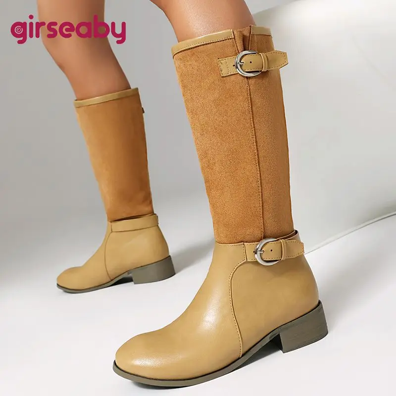 

Girseaby Ретро 2025 Новые разноцветные женские сапоги до колена с круглым носком 3 см на среднем каблуке без шнуровки большого размера 46 48 для отдыха и верховой езды на зиму