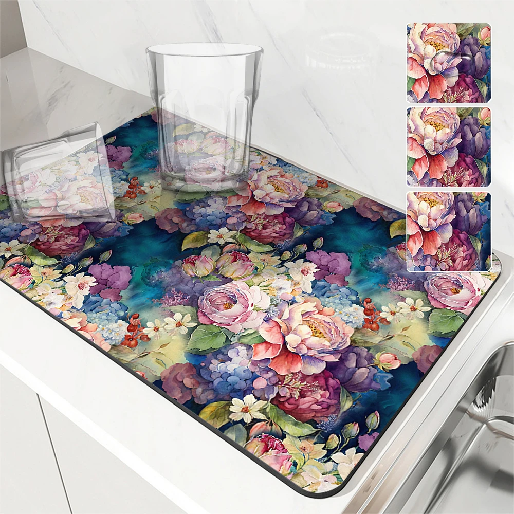 Kitchen Countertop Absorbent Mat, Watercolor Plant And Flower Soft Diatom Mud Anti-absorbent Mat, Kitchen Accessories