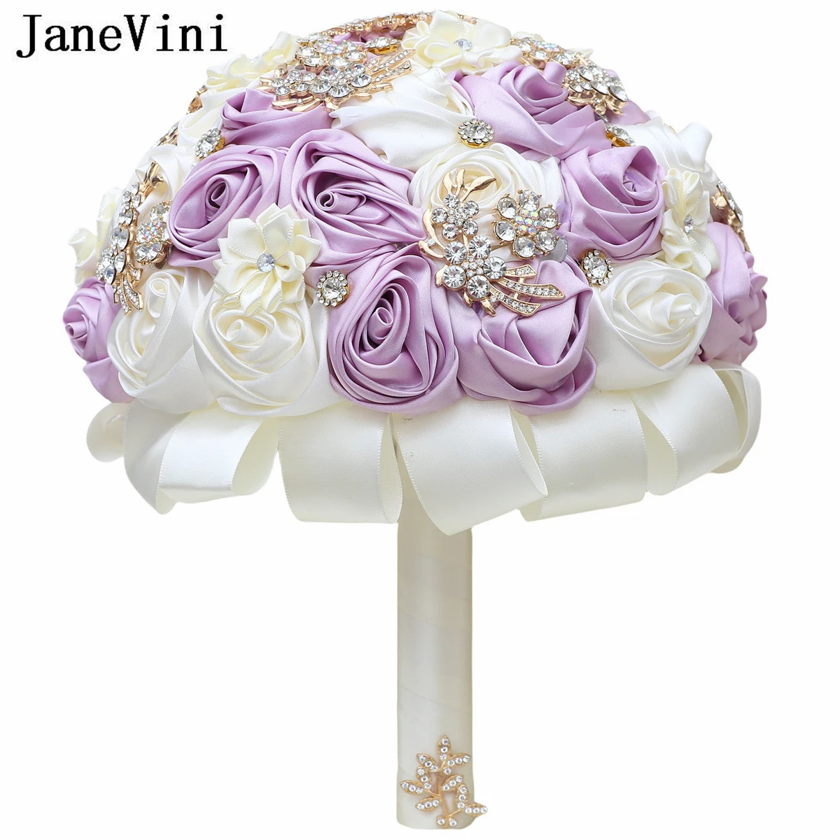 JaneVini Romantic Taro Purple Ivory Bridal Fake Flower Wedding Bouquet Luxury Beaded Crystal Bride Graduation Bouquet Ramo Novia