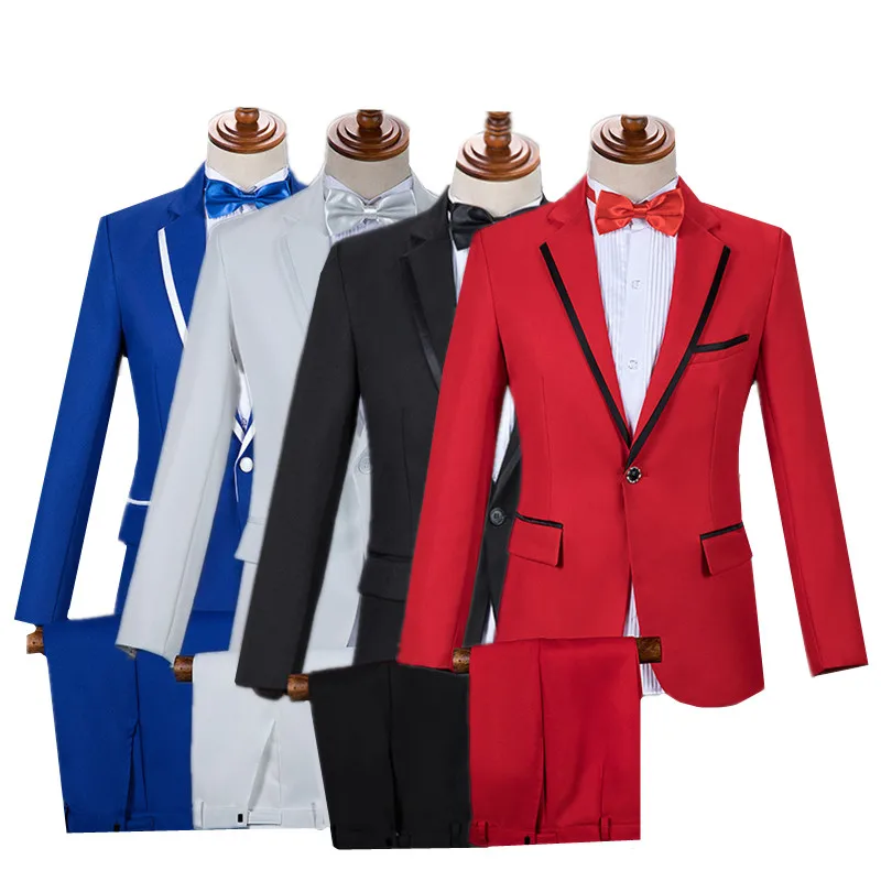 Fashion Men Luxury Patchwork Suit Red / Blue / White Male Wedding Prom Party Dress Blazers and Pants