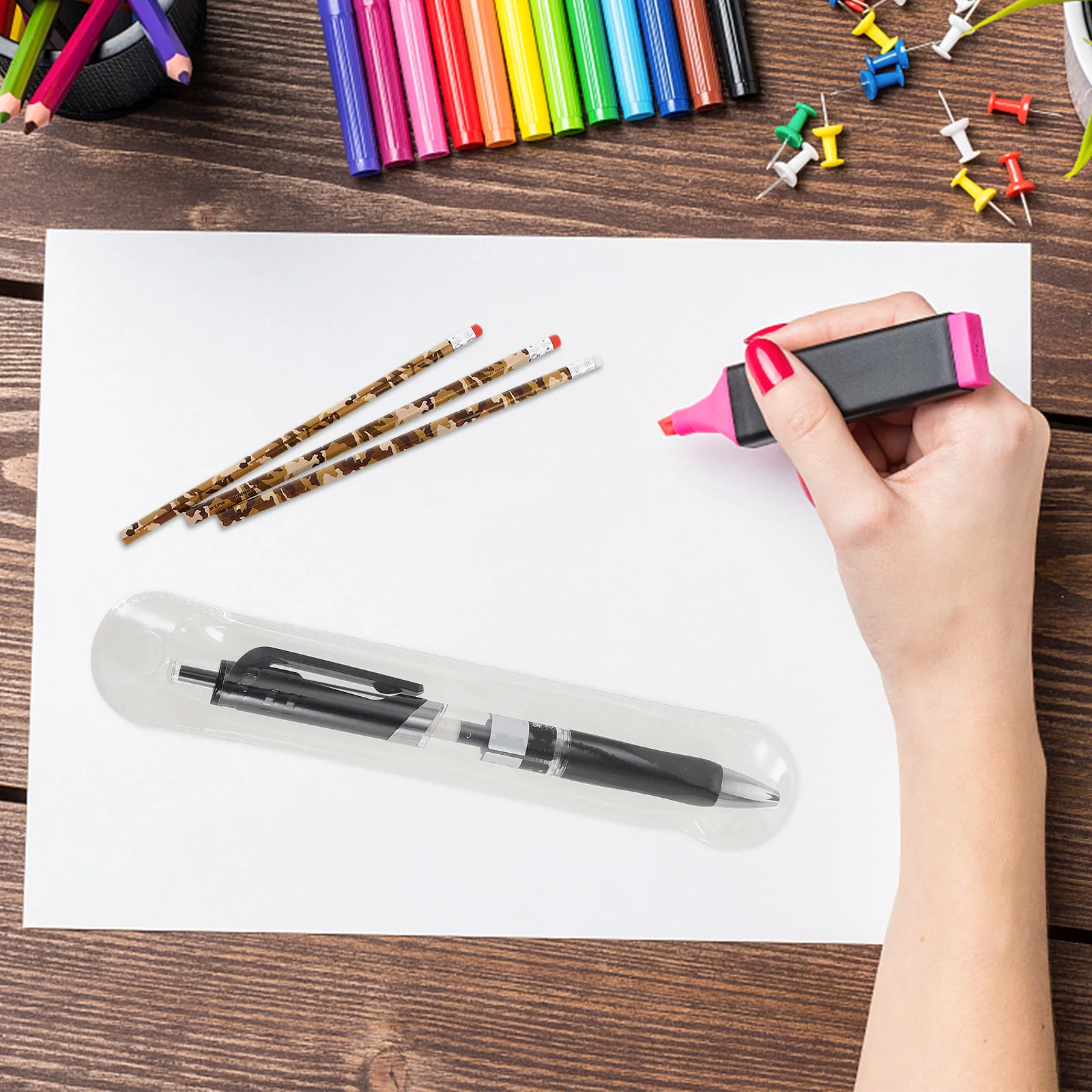 

100Pcs Classic Transparent Pen Bag Single Sleeve Holder for Fountain Pens Markers Office School Use Portable Pen with Torch