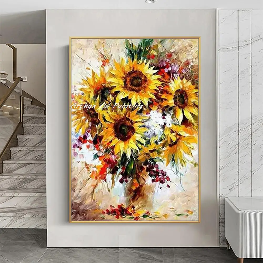 Arthyx Handpainted Abstract Knife Sunflower Oil Painting On Canvas,Modern Home Decoration Large Wall Art,Picture For Living Room