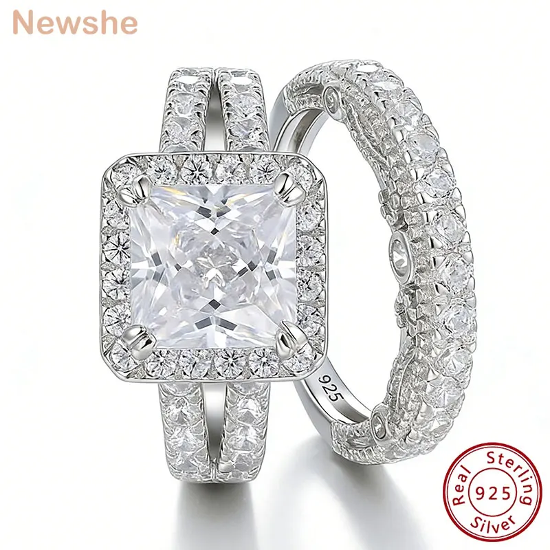 Newshe 2 szt. Pierścionki ślubne dla kobiet z litego srebra próby 925, zestaw ślubny, 8*8mm 3CT, szlif princess, cyrkonia sześcienna 5A, biżuteria wysokiej jakości