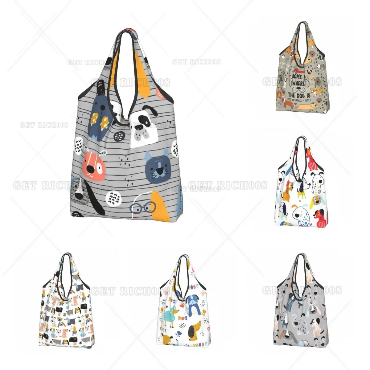 

Dog Cute Stripes Folding Tote Bag Shopper Bag Cartoon Portable Eco Grocery Bags No Zipper Bag for Women Men Work Picnic