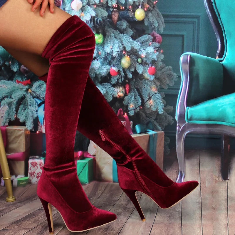 2021Christmas New Ladies over the Knee Boots European and American Sexy Wind Pointed-Toe Side Zip Stiletto Heel Fashion Boots