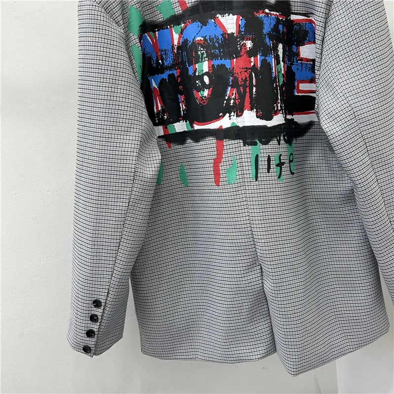 Mode Graffiti Buchstaben Plaid Blazer Jacke Frauen Oberbekleidung Große Tasche Langarm Anzug Jacke Mantel Weibliche Casual Grau Blazer