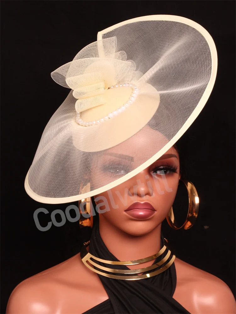 

Большая свадебная сетчатая шляпа цвета слоновой кости для женщин, коктейльный банкетный головной убор, женский головной убор Royal Ascot, Wpmen, дерби, кепка-дот