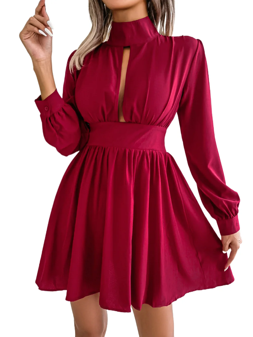 

Sexy Hollow Out Long Sleeve Mini Dress Woman Spring Summer Fashion Elegant Solid Waist Half High Collar Dresses For Women 2023