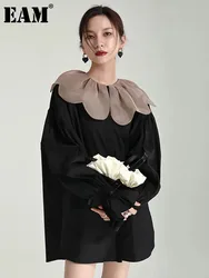 [EAM] Women Black Color-block Big Size Blouse New Round Neck Long Sleeve Loose Fit Shirt Fashion Tide Spring Autumn 2024 1DF5112