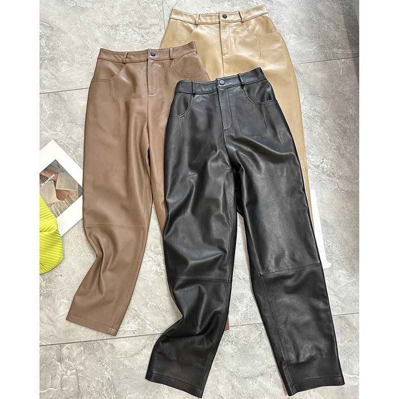 Lambskin Real Leather Pants For Women Elastic Waist Wide Leg Straight Pants Chic Office Ladies Casual Ankle-Length Pencil Pants