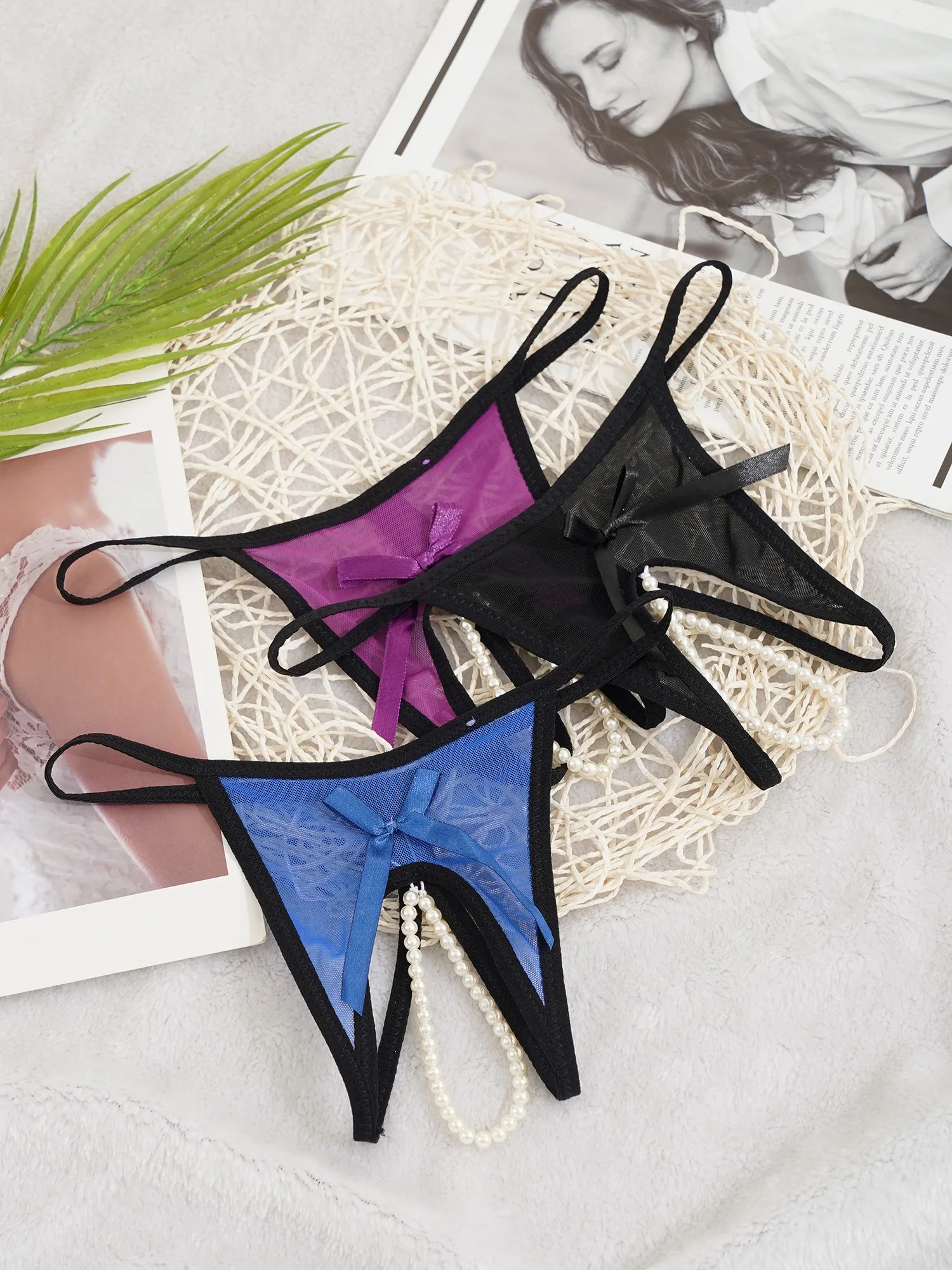Womens Sexy Lingerie Female Panties Pearl Ball Sheer Mesh Thongs Transparent Massage Open Crotch Mini Briefs Underwear