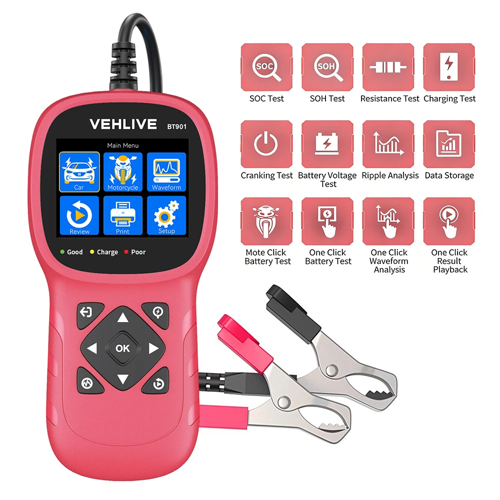 

VEHLIVE Тестер батареек для автомобилей 12В AMG GEL EFB Батарея CCA SOH SOC Анализатор состояния Запуск и зарядка транспортных средств Внутреннее сопротивление Тестер генератора