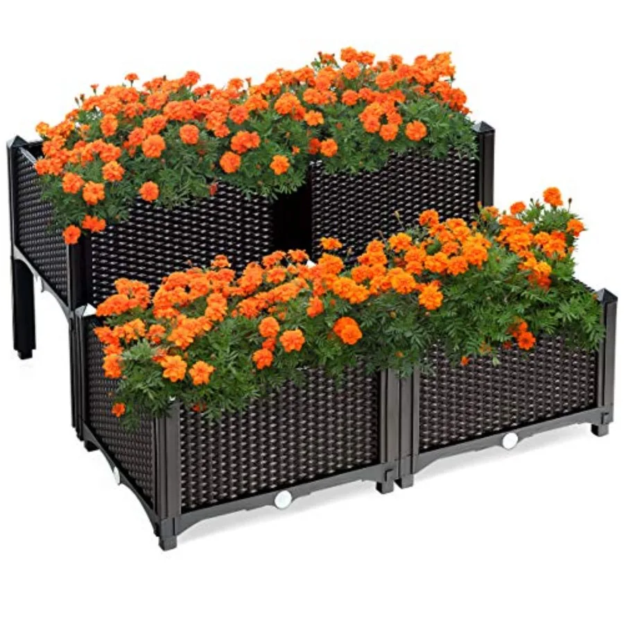 Outdoor elevated planting box set for lawn, patio, balcony; rattan-like brown HDPE plastic; easy assembly, drain holes; ideal f