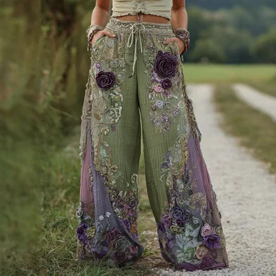 

2026 New Women Pink 3D Floral Print Long Pants Elegant High Waist Straight Leg Trousers Casual Party Fashion Streetwear Bottoms