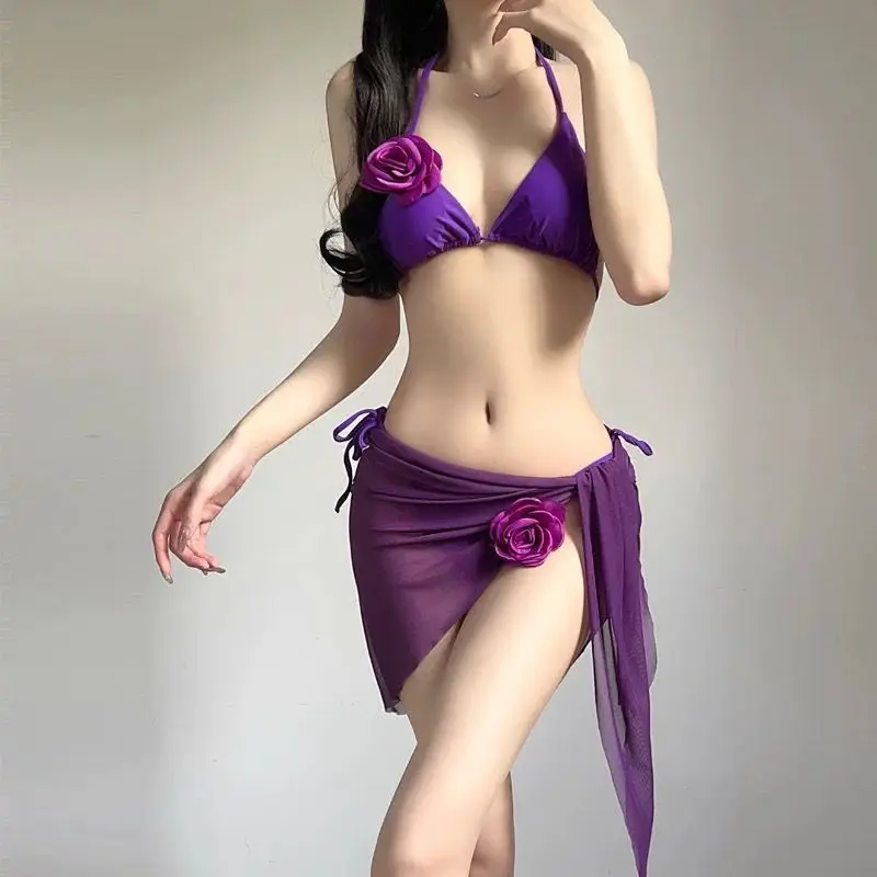 3pcs Strappy Women Bikini Set Summer Beach Swimwear Tropical Island Vacation Hot Spring Suit with Padded Cups