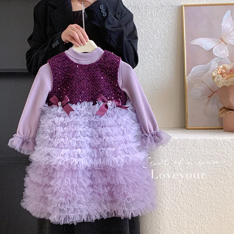 Girls' Autumn and Winter New Purple Stylish Bow Sleeveless Color-Block Fleece-Lined Base Two-Piece Set