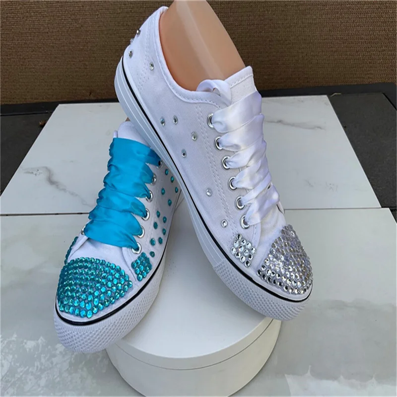 Handmade custom white rhinestone lace wedding plimsolls women's large size comfortable casual sports shoes 35-46