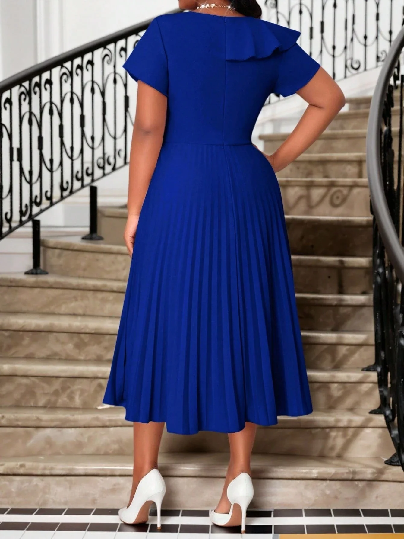 

Cobalt Blue Pleated Midi Dress With Ruffle Sleeve Elegant Party Wedding Guest Dress