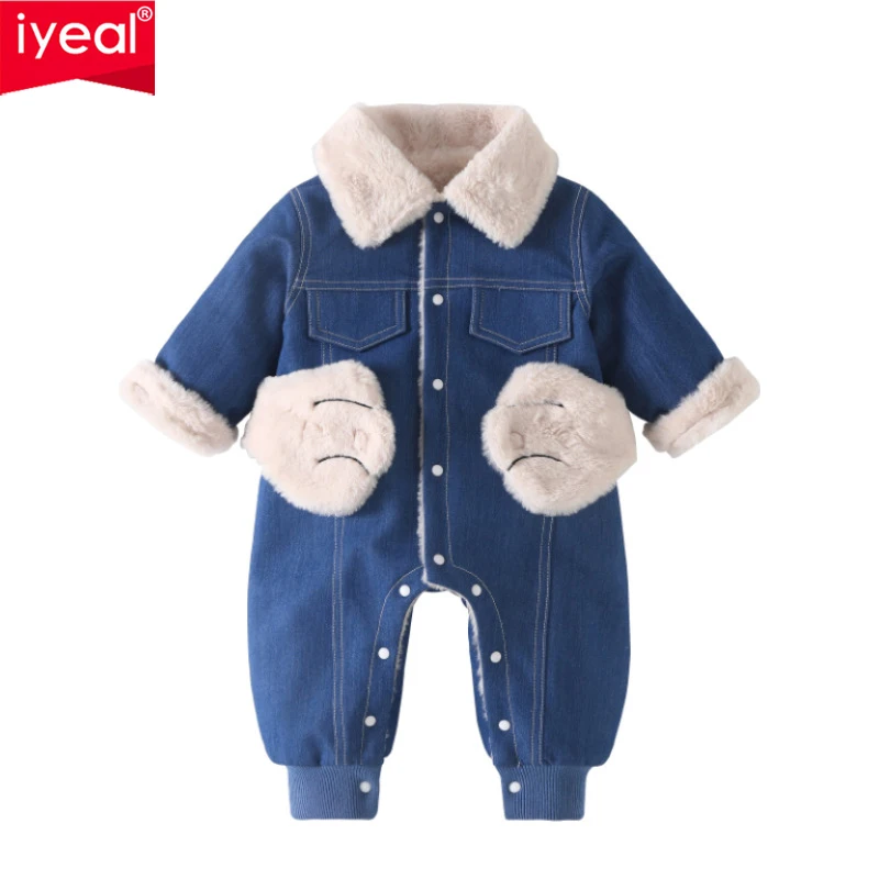 IYEAL Winter Baby Clothing Thickened Baby Boys\' Rompers Denim Outwear Long Sleeve Jumpsuits Newborn Baby Warm Fleece Overalls