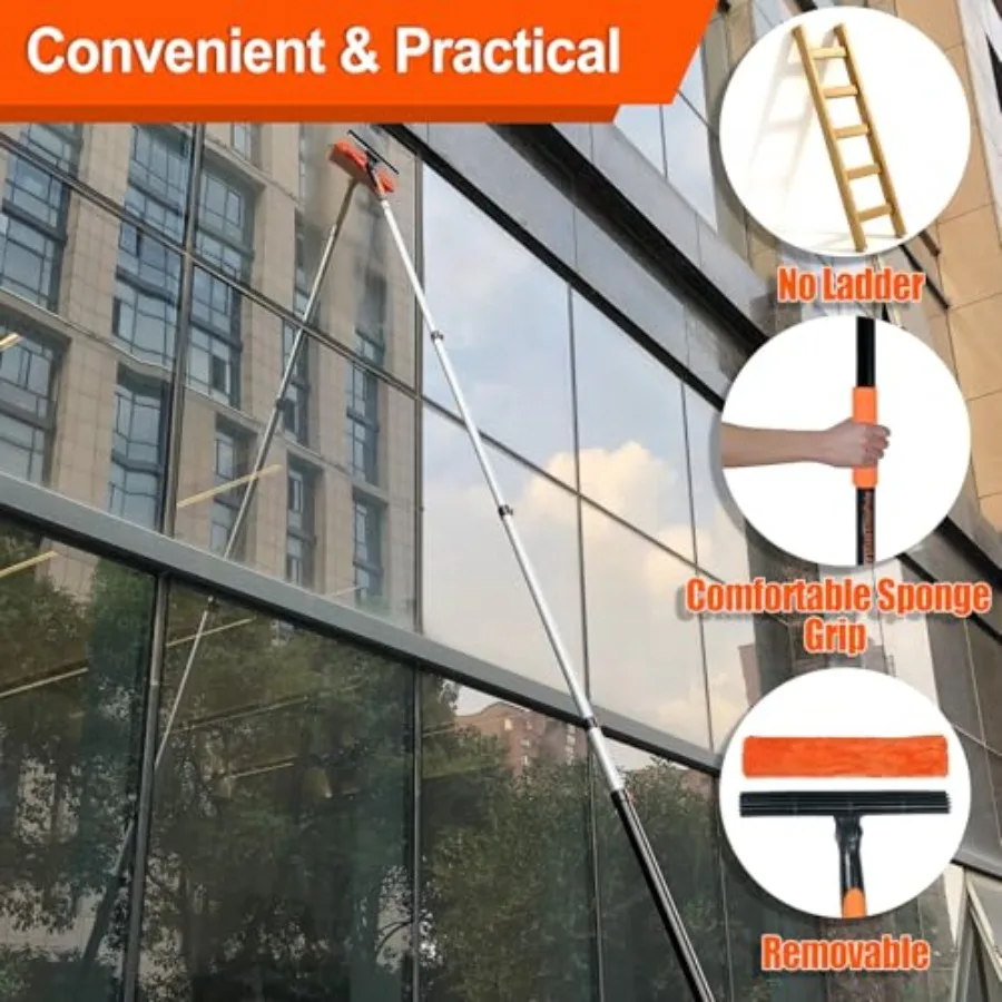 26Ft High Reach Squeegee for Window Cleaning Kit with 5 to 20 Foot Extension Pole, Extendable Window Cleaner Squeegee, Telescop