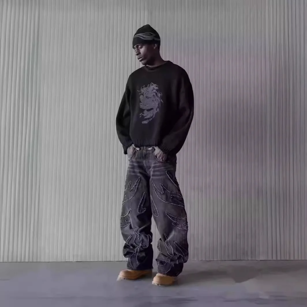 Men Baggy Jeans Y2k Hip Hop Vintage Black Pants Oversized Embroidery Harajuku Gothic Wide Leg Trousers Streetwear Women Pants