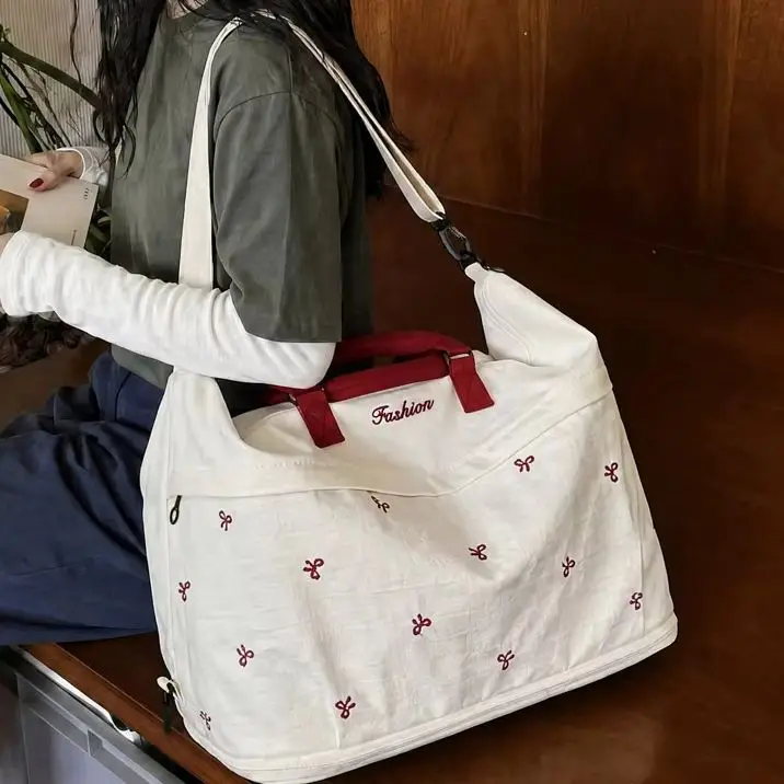 Large-Capacity Travel Bag Bow-Tied Luggage Cotton Shoulder Bag Gym Bag Carry-On Bag Soft Durable.