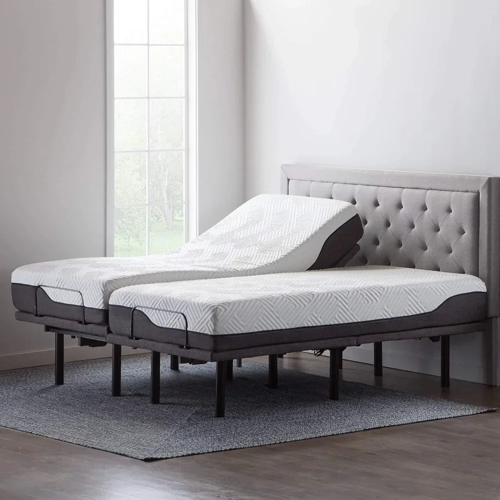 Split King Adjustable Bed Base with 10 Inch Memory Foam Hybrid Mattress，Dual USB charging，Zero Gravity，Bed Base Frame