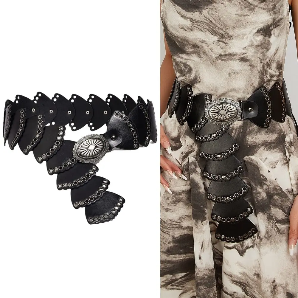 حزام جلدي واسع هندسي مسطح ، حزام خصر ، حزام خصر ، تصميم فاخر ، أزياء عتيقة ، متعددة الاستخدامات