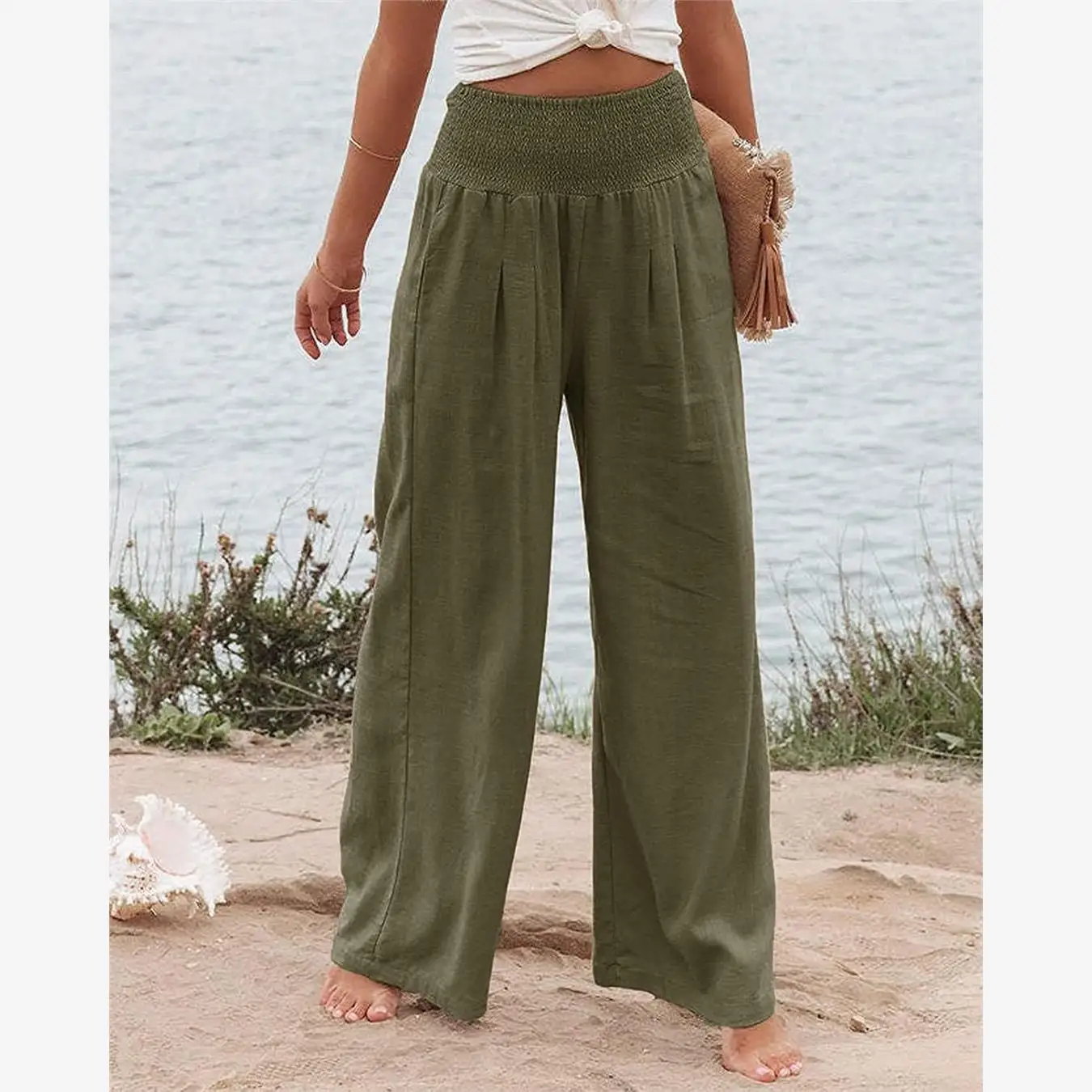 Wi2023 ارتفاع الخصر مطوي بنطال ذو قصة أرجل واسعة المرأة فضفاض الشاطئ القطن الكتان بناطيل كاجوال مع كيتس غير المتكافئة Ciwalk #3
