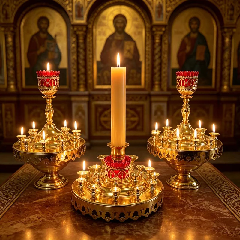 New 2026 Gold Plated Church Candelabra with Red Glass Cups & Cross Cutouts for Orthodox Catholic Altar Liturgy Prayer Decor Gift