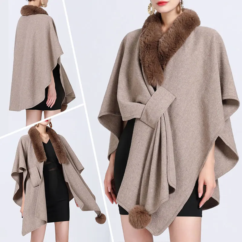 

Women Winter Imitation Rex Rabbit Fur Collar Cape Coat Lady Elegant Faux Fur Shawl Wraps Warm Cloak Poncho Cardigan Tops