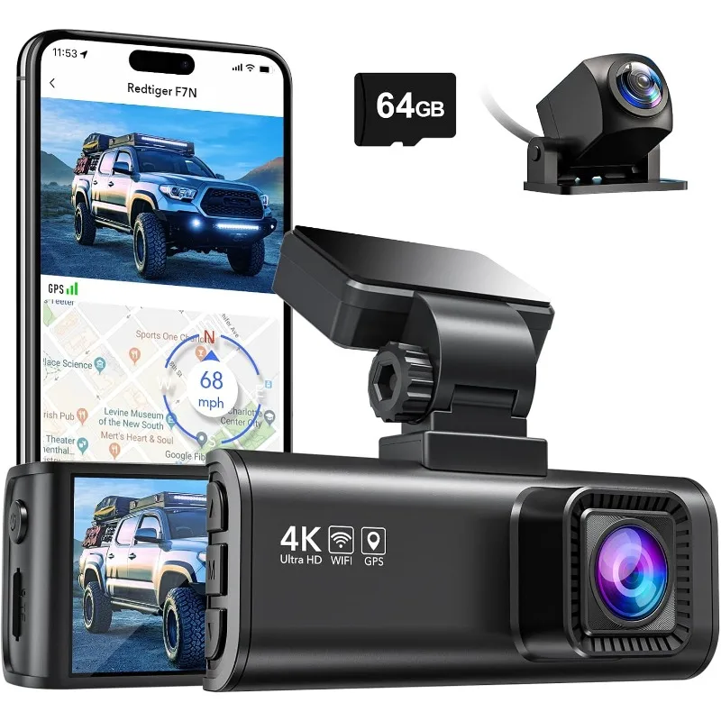 

F7N 4K Dual Dash Cam with 64GB Card, Built-in WiFi GPS Front 4K/2.5K and Rear 1080P Dual Dash Camera for Cars,3.18 inch
