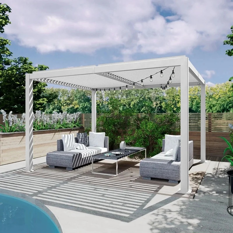 3x3 Heavy Duty Powder Coated Aluminum Pergola Gazebo Retractable Design LED Light Commercial Grade Construction Backyard Balcony