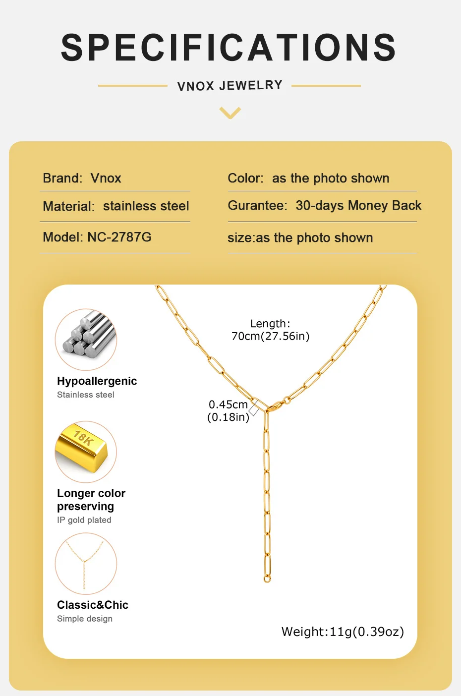 Vnox Minimalistische Vergoldete Rechteckige Kettenkette Europäisch-Amerikanischer Ins-Stil Y-Form Lange Kette Party Urlaub Schmuck Geschenk – Detail 4