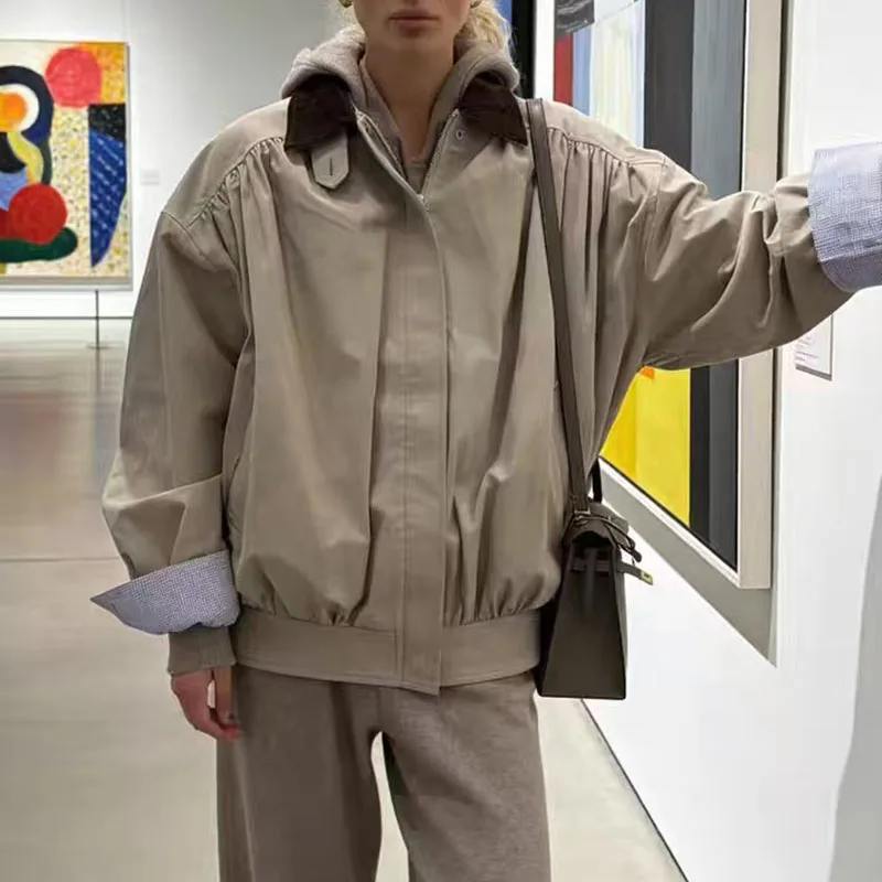 Women's Color-Block Square Neck Jacket, Vintage Oversized Bomber Jacket, High-Quality Zipper Top, 2026 Spring New Arrival, Y2K