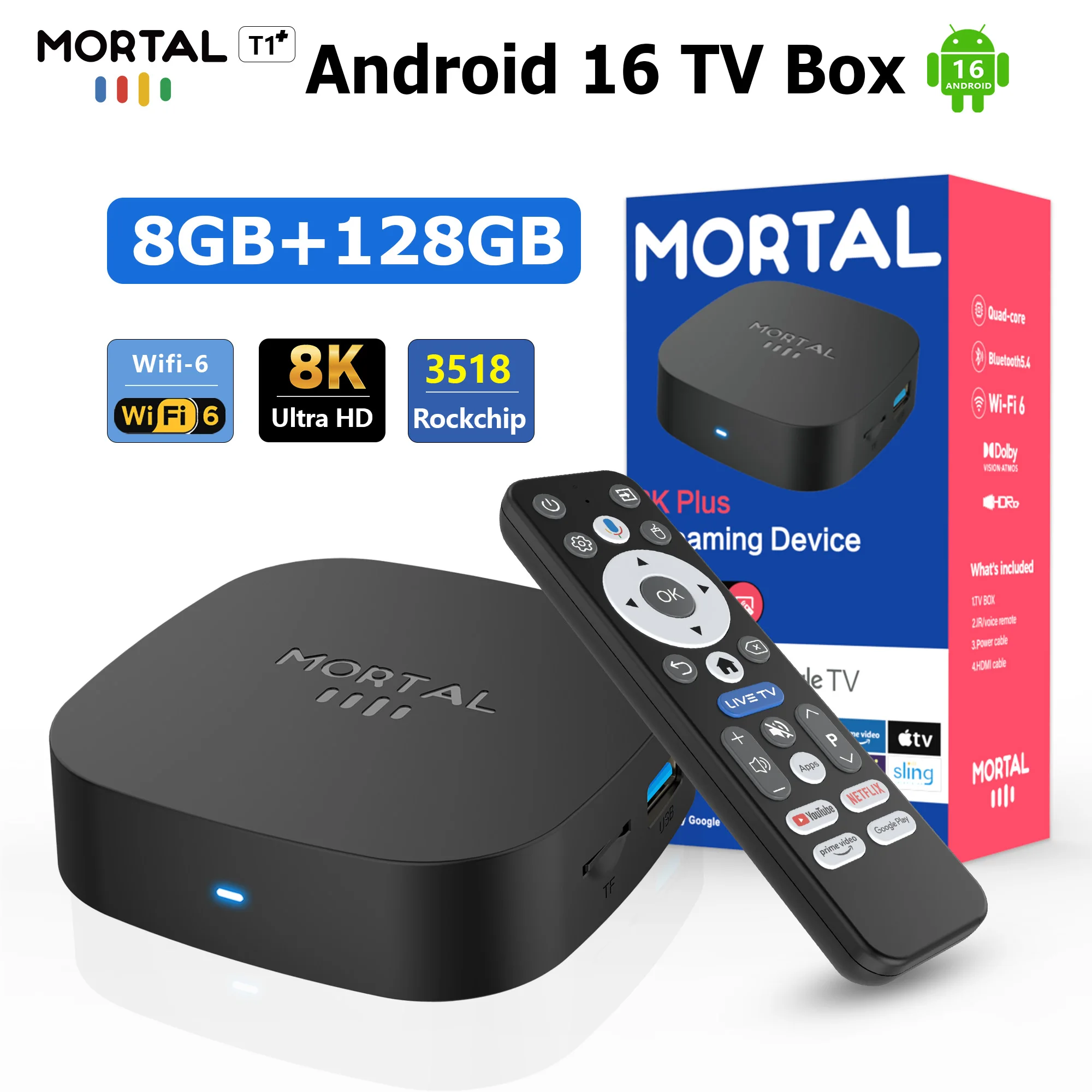 

ТВ-приставка Mortal Android 16 Smart TV Box T1+ RK3518 8 ГБ DDR4 8 ГБ 128 ГБ Google Wifi6 с поддержкой голосового управления и декодирования видео 4K 8K, медиаплеер