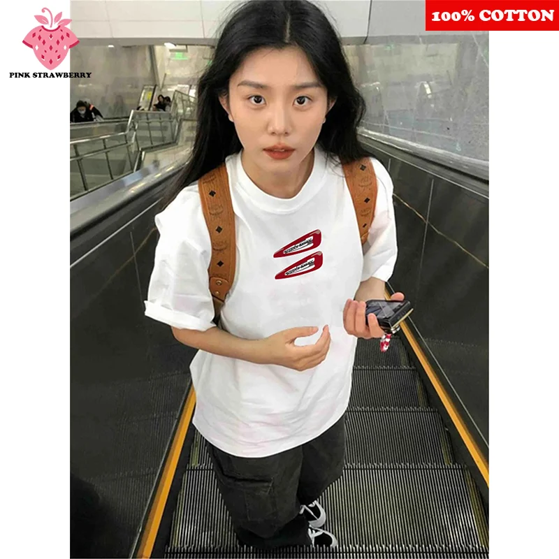 

Cute Hairpin Print White T-shirt Women's Summer 2025 100% Cotton American Short sleeves Loose Tee Y2k Tops Trend Woman clothing