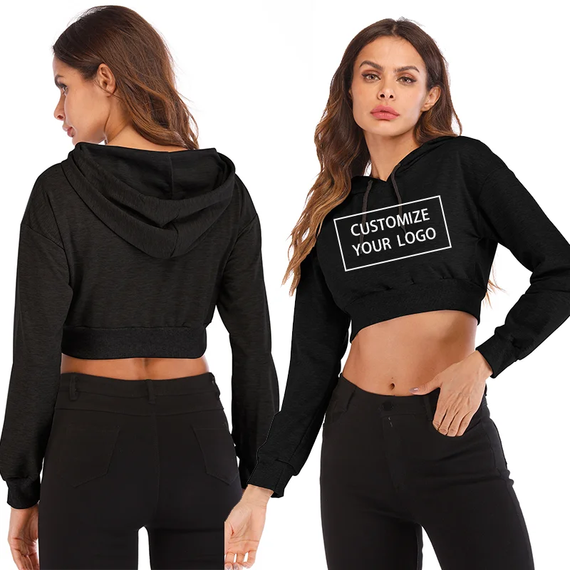 Diy Your Own Design Print Pattern Customize Summer Long Sleeve Hoodies Solid Color Midriff Costume Women Fashion 10 Colors Tops
