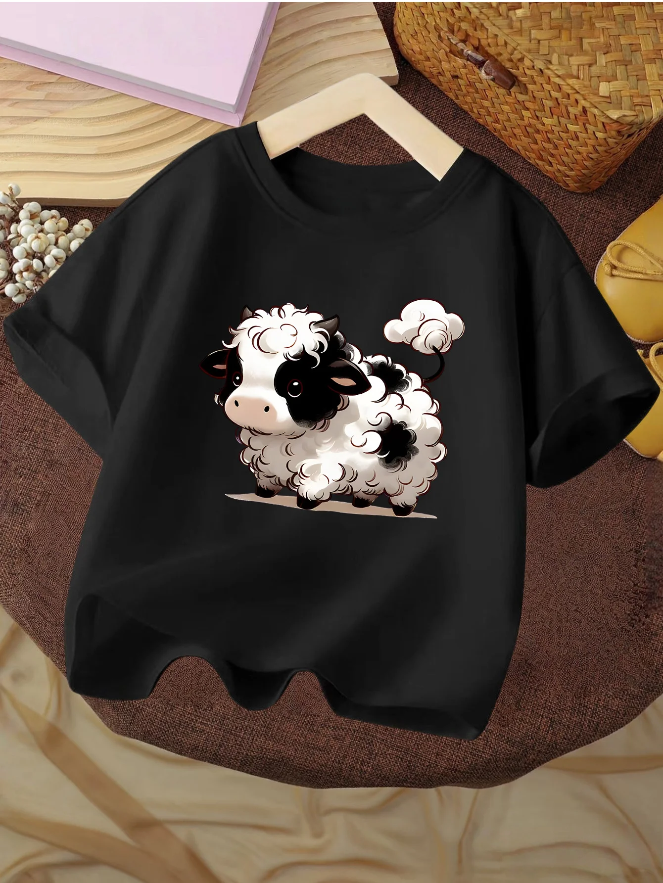 Kids Tee Lovely Curly Spotted Calf With Cloud Tail Kawaii Farm Animal Pattern Print Short Sleeve Cotton Children Casual Wear