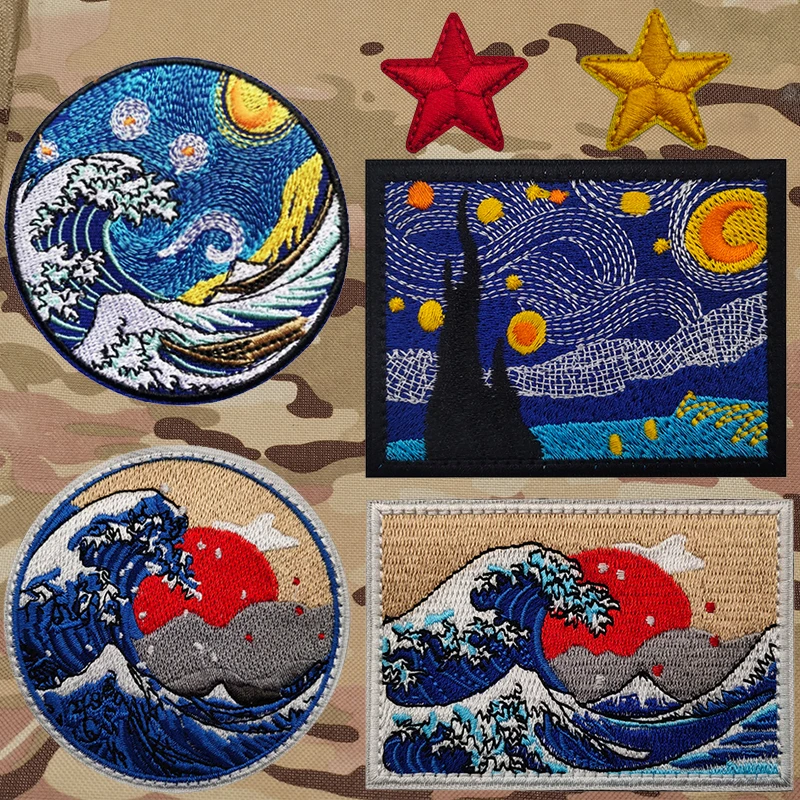 Naszywka Great Wave Off Kanagawa Wielokolorowy obraz fal oceanicznych Haftowana naszywka Opaska na ramię z haczykiem i pętelką na zewnątrz