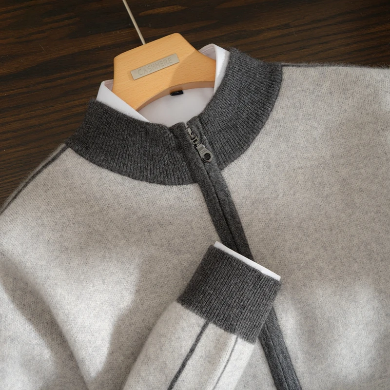 عالية الجودة 100% سترة الكشمير المعنقة الرجال نصف عالية الرقبة سستة سترة 2025 الخريف/الشتاء سميكة الدافئة المتناقضة سترة