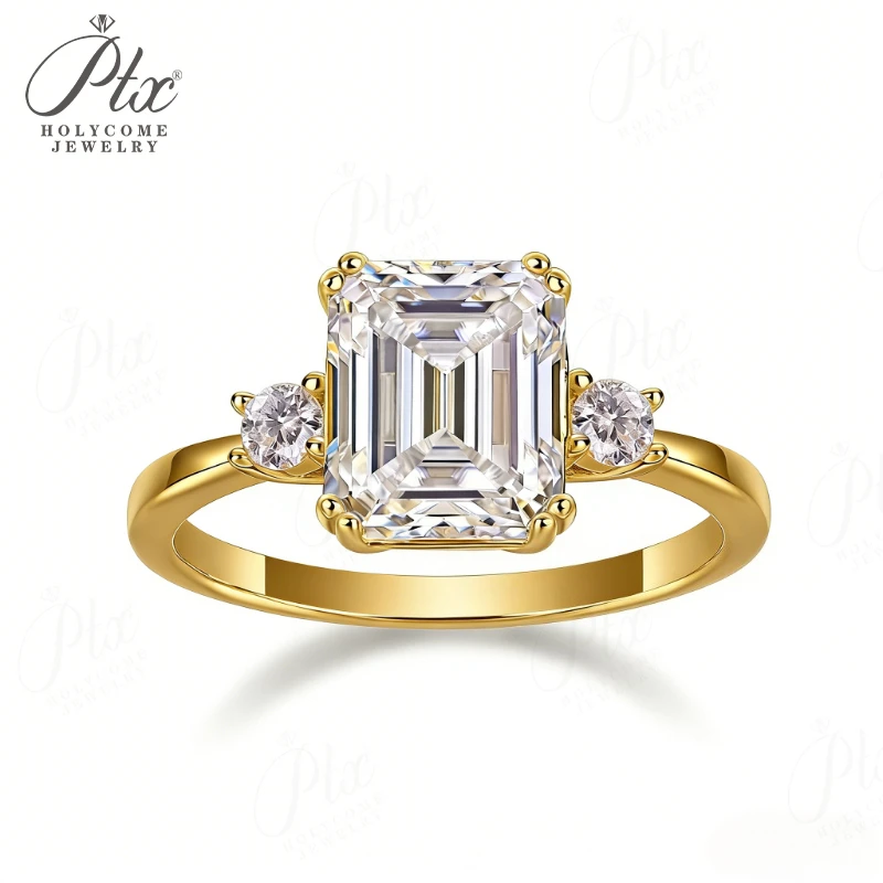 Moissanit-Ring im Smaragdschliff, D-Farbe, 925 Sterling Silber, 18K Gold Plattiert, Verlobungs- und Ehering, Luxuriöser Hochqualitäts-Schmuck – Detail 3