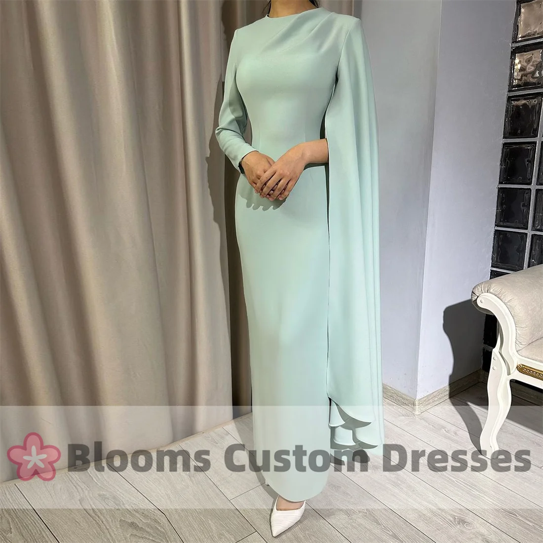 Blooms Long Sleeve Cape Sleeves Simple Prom Dress Slim Fit Formal Occasion Gown Ankle-length Elegant Party Evening Dresses