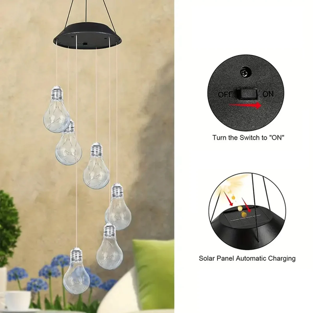 1 opakowanie kolorowych świateł Żarówka słoneczna Wiszące dzwonki wiatrowe 6 wisiorków LED Lampy słoneczne Windchimes do dekoracji zewnętrznych w ogrodzie domowym — zdjęcie 5