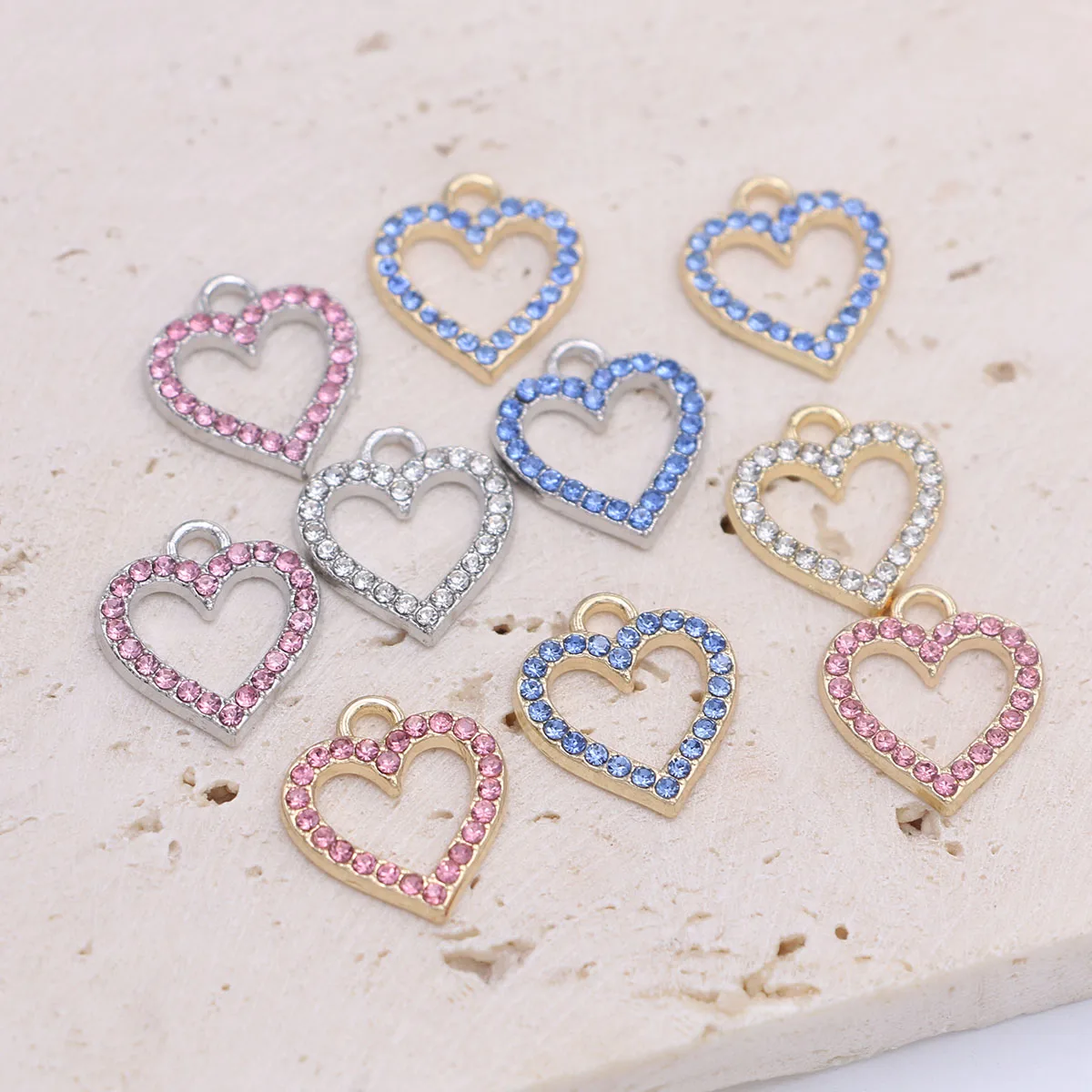 10Pcs Silver Plated Pink Crystal Heart Charm Pendant for Jewelry Making Earrings Bracelet Necklace Accessories DIY Findings