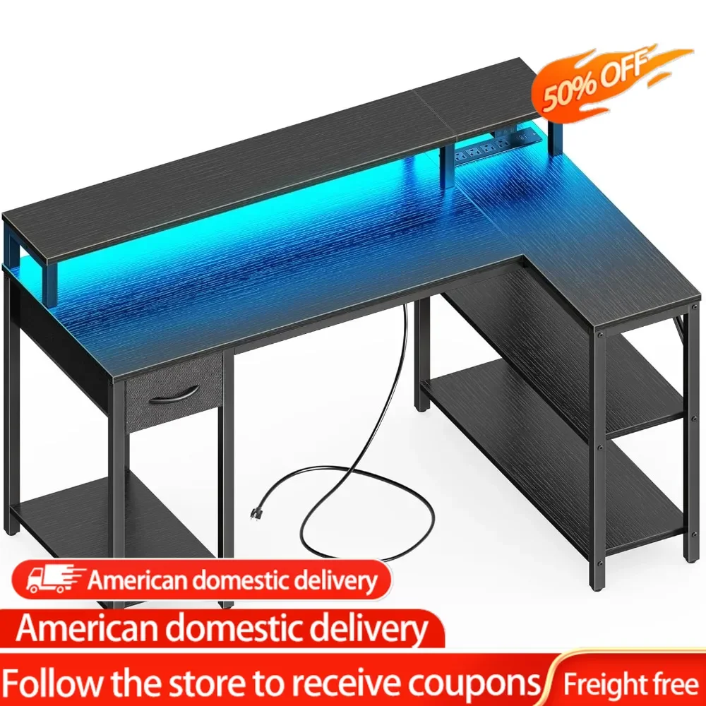 47 inch L Shaped Desk with LED Lights & Power Outlets, Computer Desk with Shelves & Monitor Stand, Gaming Desk with Drawer