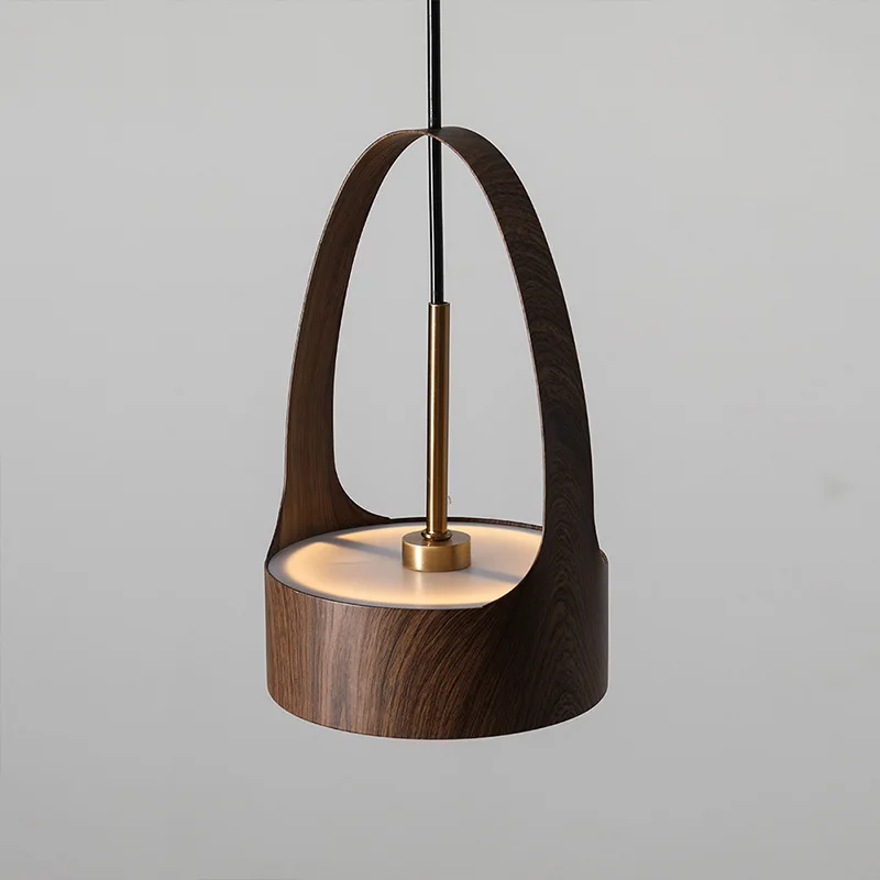 Nordic Rotundity Wood Grain Wrought Iron LED Pendant Lights Living Room Bedroom Restaurant Kitchen Study Atmosphere Hanging Lamp